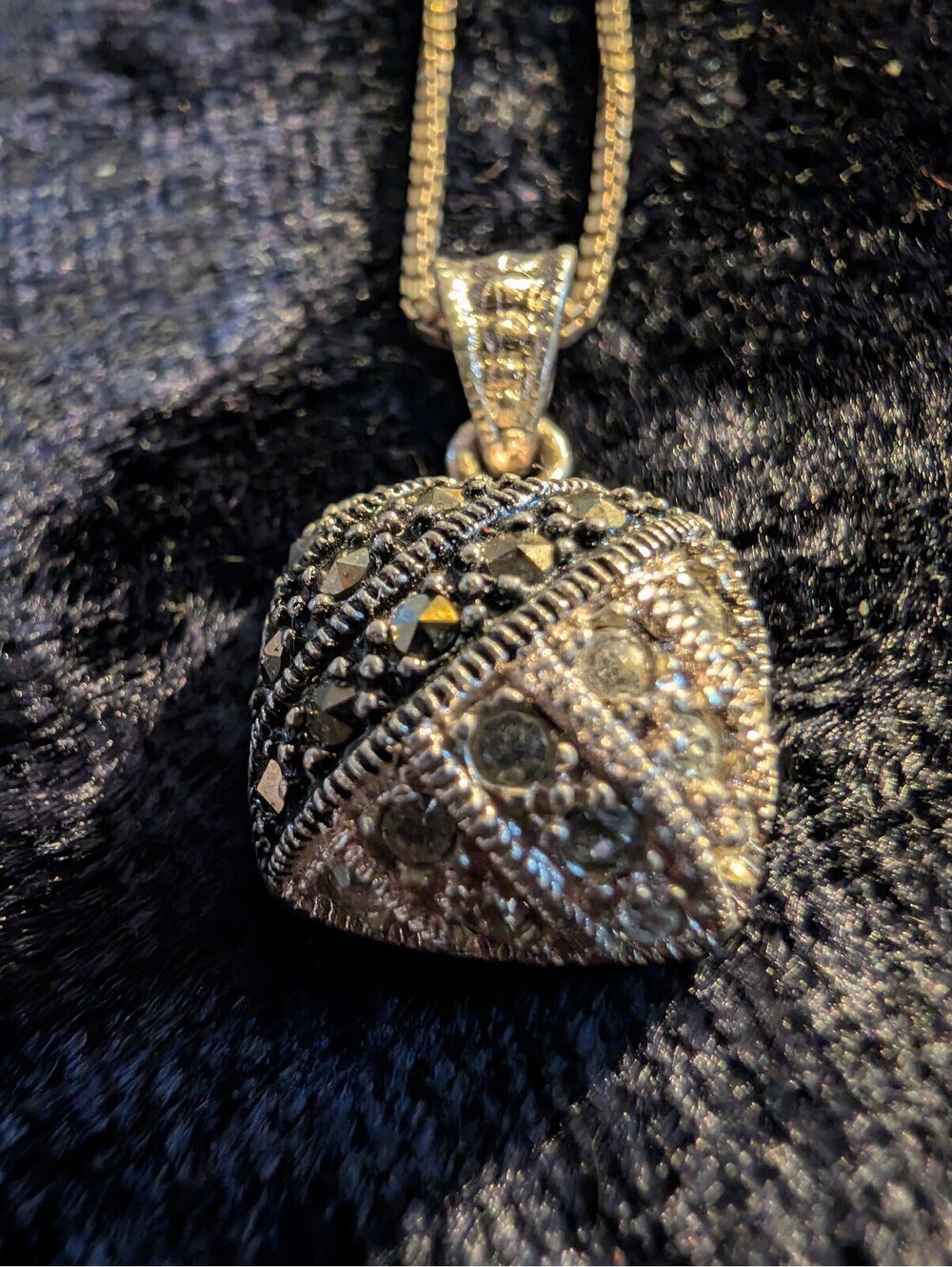 Vintage Style Sterling Silver Pendant Necklace with Marcasite and Rhinestones